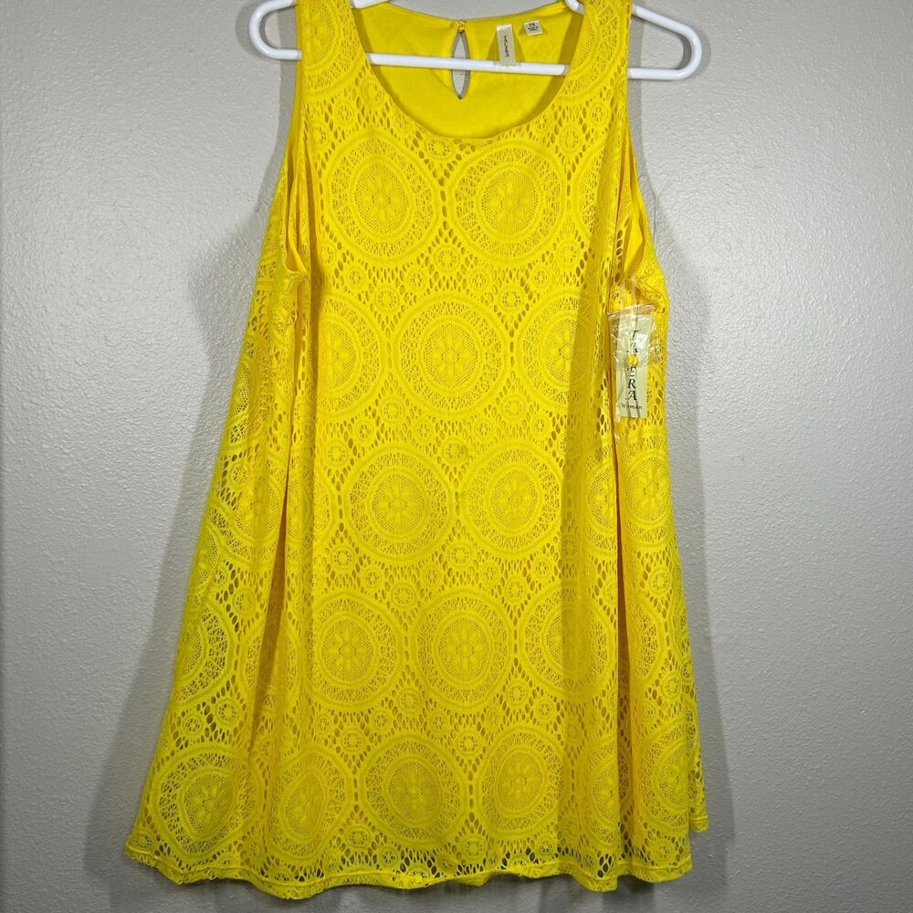 TACERA Dress Womens 3X Yellow Lace Overlay Sleeveless Swing Lined Party Summer